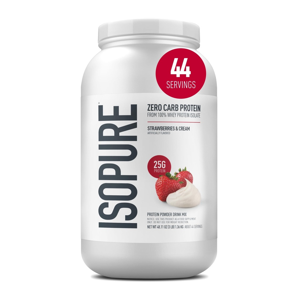 Isopure Zero Carb 100% Pure Wei Isolaat Proteïne Poeder, Lactosevrij, Glutenvrij, Met Vitaminen, Aardbeien & Cream, 25g Proteïne Per Serving, 3 Lbs, 44 Servers (Verpakking mei Vary)
