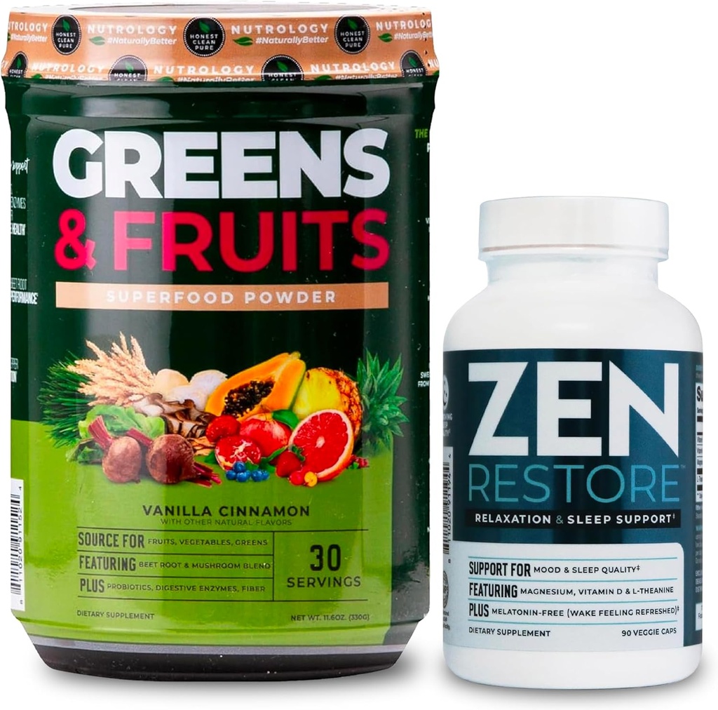 Nutrologie Groenen & vruchten Poeder-natuurlijk Sourced Superfood, Vanille Kaneel (30 porties) Zen Natural Magnesium Supplement (30 porties)