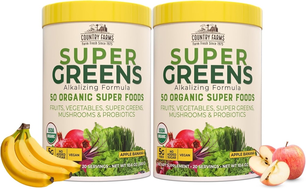 Country Farms Super Greens Apple Banana Powder Smoothie, Biologische Super Foods, USDA Biologische Drink Mix, Fruit, Groenten, Paddenstoelen, Superfood Nutrition, 40 Servings, 2 Pack