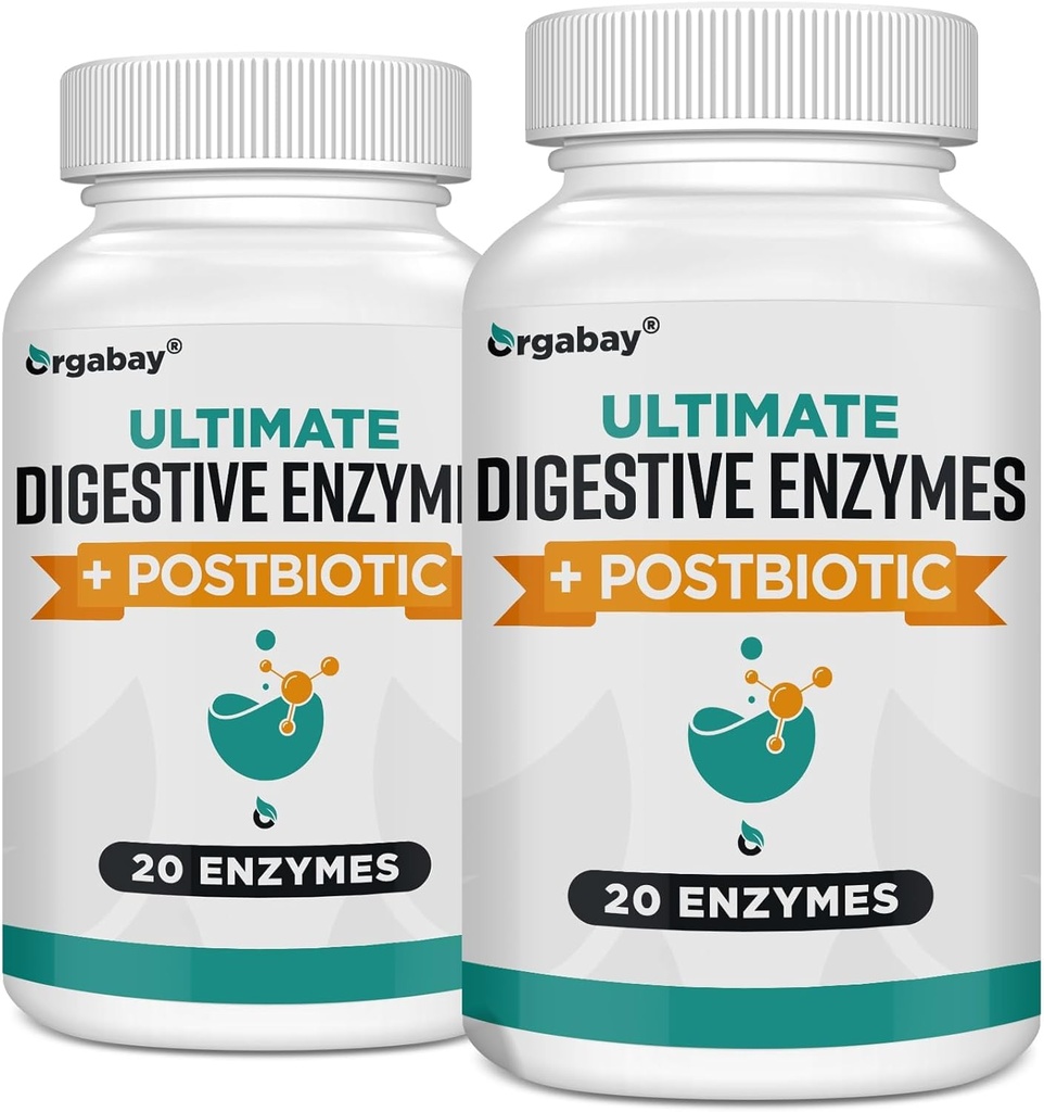 Orgabay Digestieve Enzymen 1000mg met Postbiotica, 20 Enzyme Blend voor Bloating, Optimale Digestie en Gut Functie, 120 Veggie Capsules