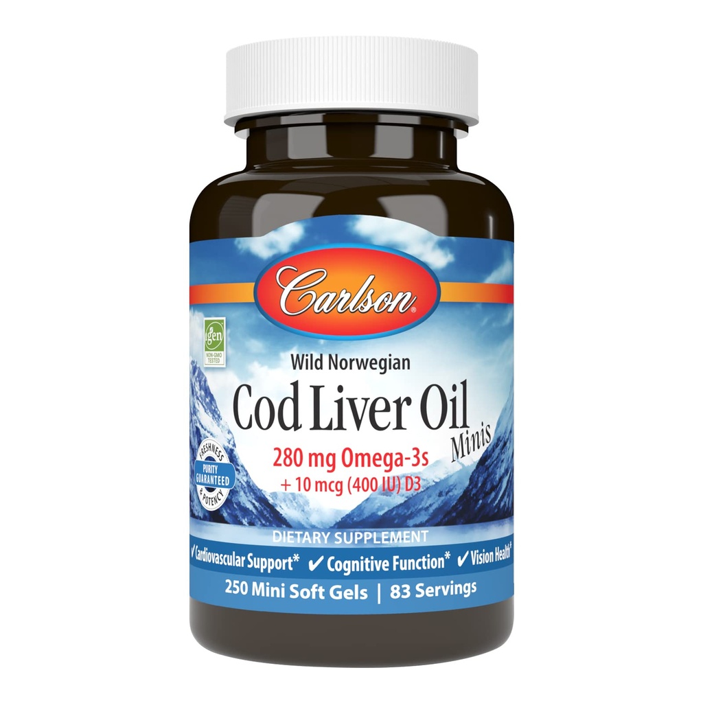 Carlson - Cod Liver Oil Minis, 280 mg Omega-3s + Vitaminen A & D3, Hartondersteuning & Cognitieve functie, Vision Health, 250 Mini Zachte Gels
