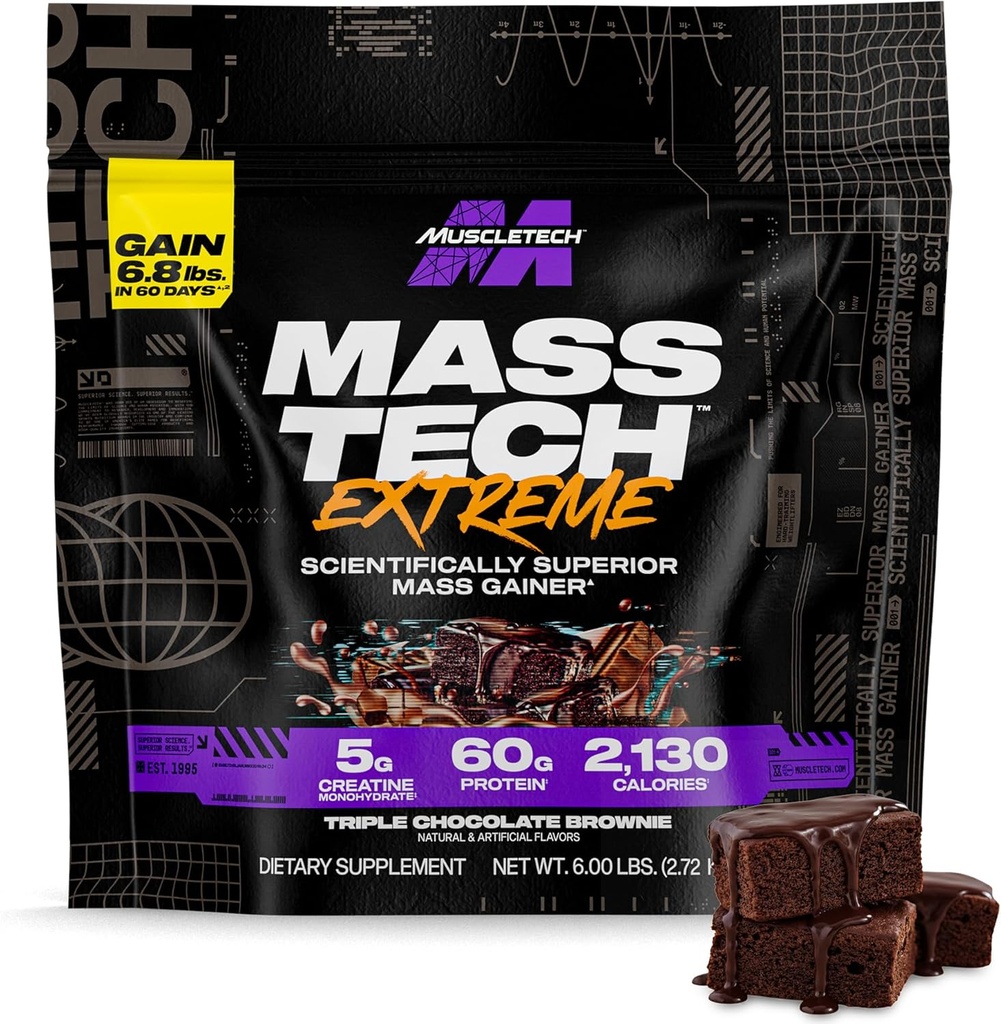 Muscletech High-Protein Mass Gainer (Triple Chocolate Brownie, 6LB) - Mass Tech Extreme 2000 Mass Gainer Protein Powder Supplement - Gewicht Gainer voor het verhogen van de spier, verbeterde herstel en sterkte