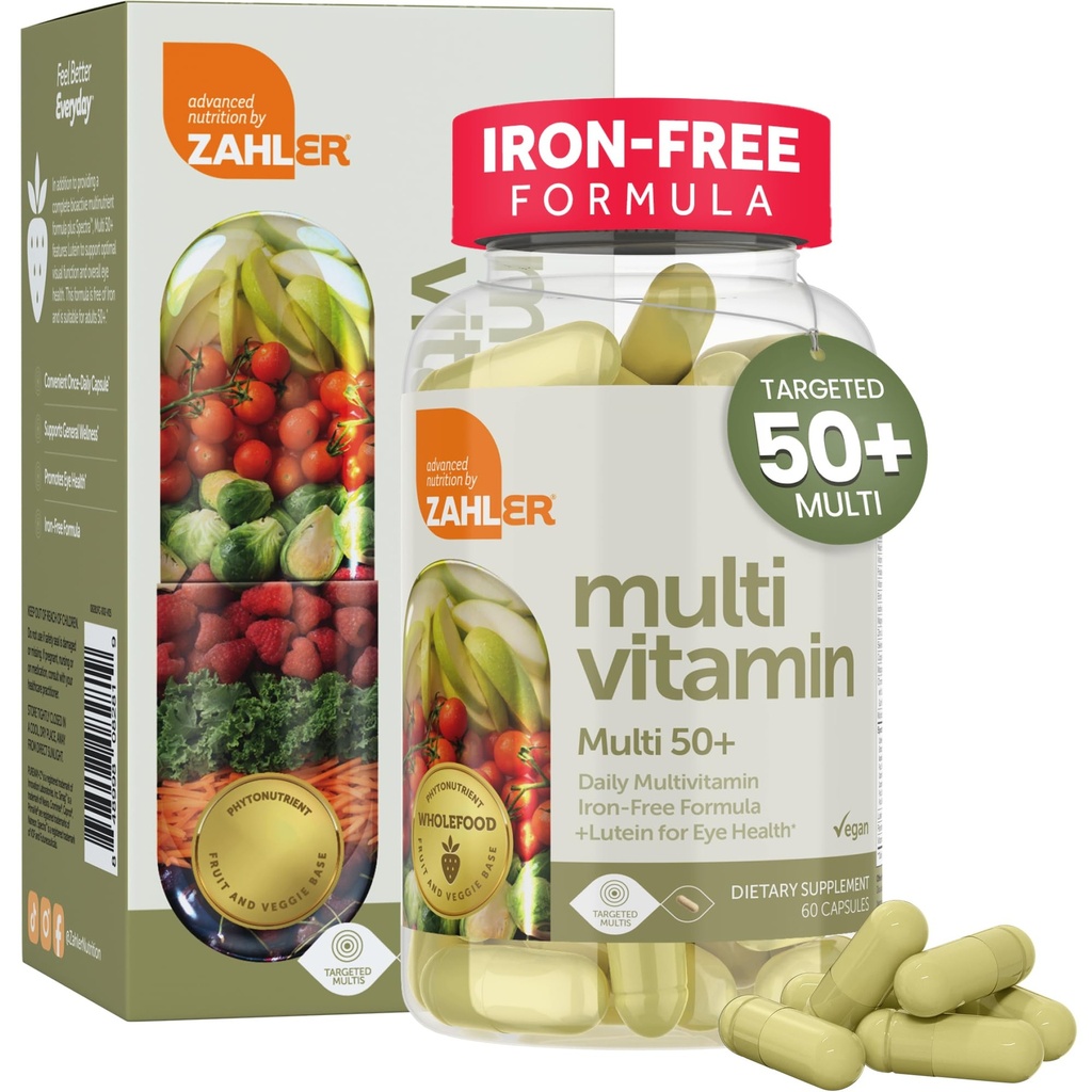 Zahler Multivitamine 50+, Iron-Free Formula + Lutein voor Eye Health, 60 Capsules.