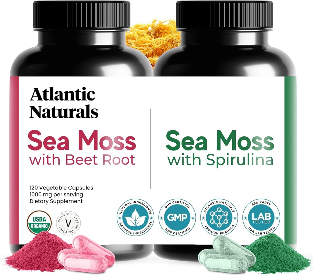 Atlantic Naturals Sea Moss Superfood Bundle - Sea Moss with Beet Root & Spirulina Capsules - Defense Support, Blood Flow, Joint Health & Iron - 240 Capsules (2 x 120 ct)