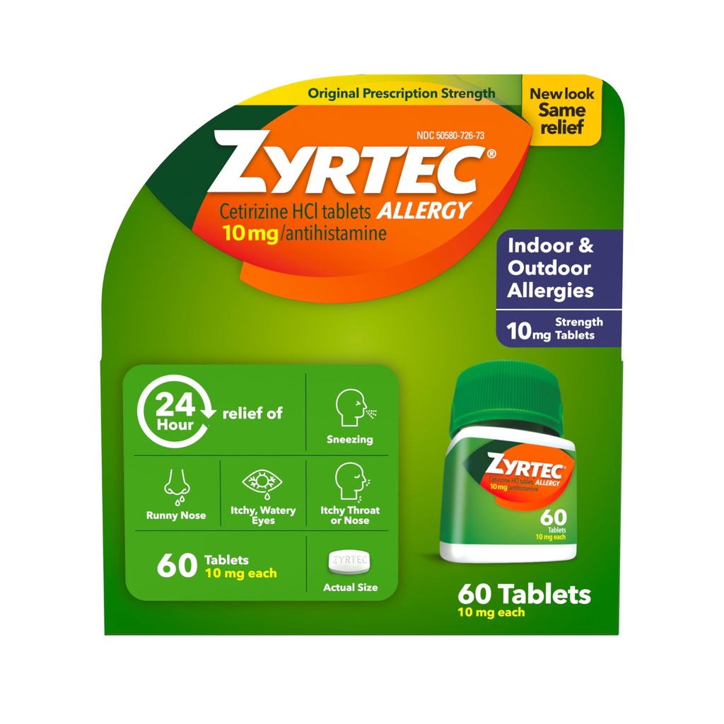 Zyrtec 24 Hour Allergy Relief Tablets, Indoor & Outdoor Allergy Medicine with 10 mg Cetirizine HCl per Antihistamine Tablet, Relief of Allergies, 60 count.
