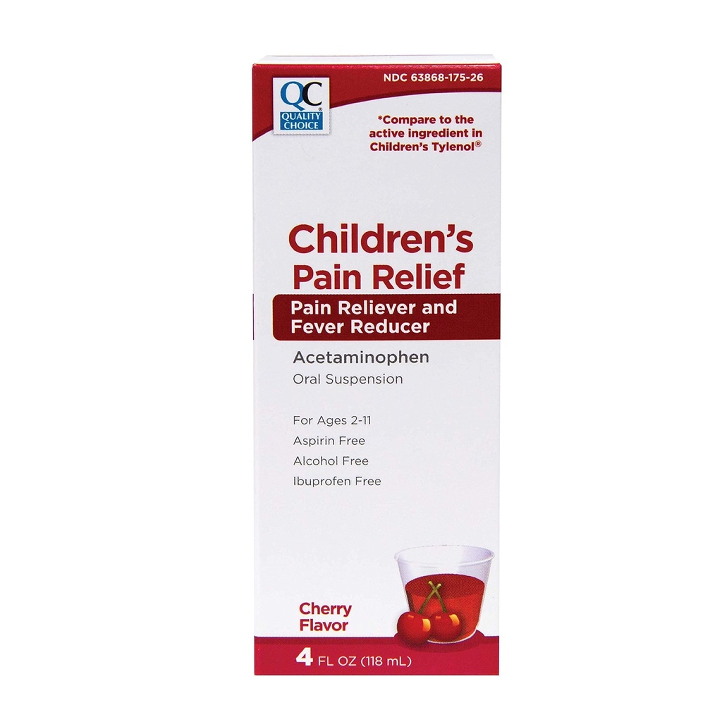 Quality Choice Children's Pain Relief & Fever Reducer for Kids, 4fl oz Acetaminophen 160mg per 5ml, Ibuprofen & Aspirine Free, Liquid Cold and Flu Medicine for Kids, Regular Strength OTC Medication