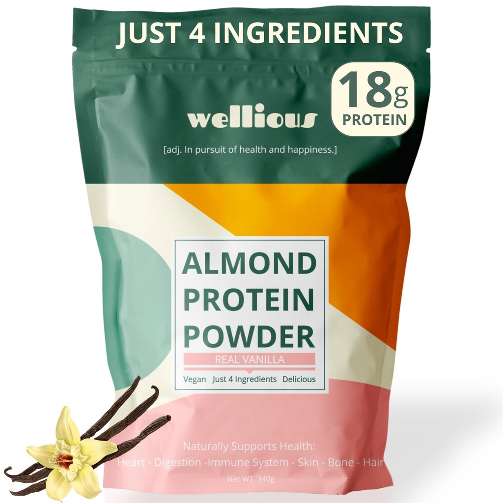 wellious Amandel Proteïne Poeder (Vanilla) - 18 Gram Pure Healthiest Vegan Protein for Women & Men - Perfect Glutenvrij, Soy-Free & Smooth Gut Friendly Protein Powder for Sports Nutrition
