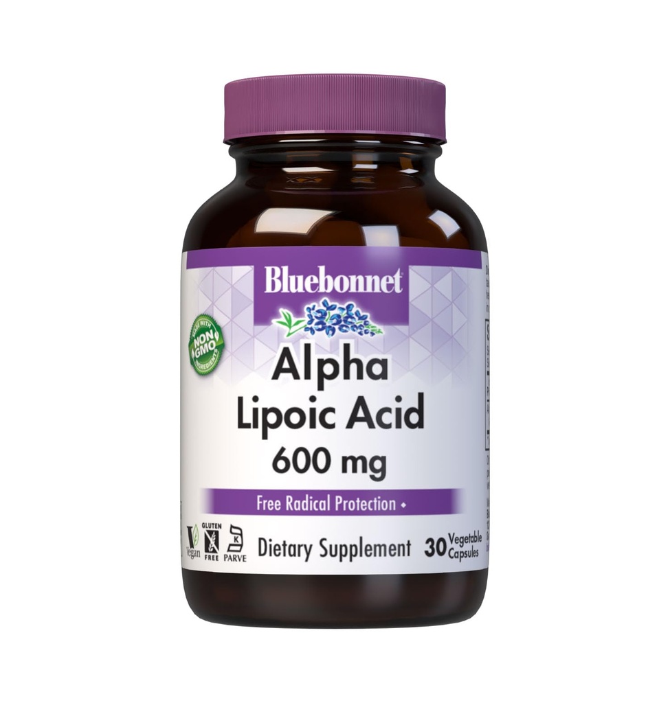BlueBonnet Alpha Lipoïnezuur 600mg - Krachtig Antioxidant Nerve Support Supplement voor vrouwen en mannen - Non-GMO, Veganistisch, Kosher - Glutenvrij, Sojavrij, Melkvrij - 60 plantaardige capsules