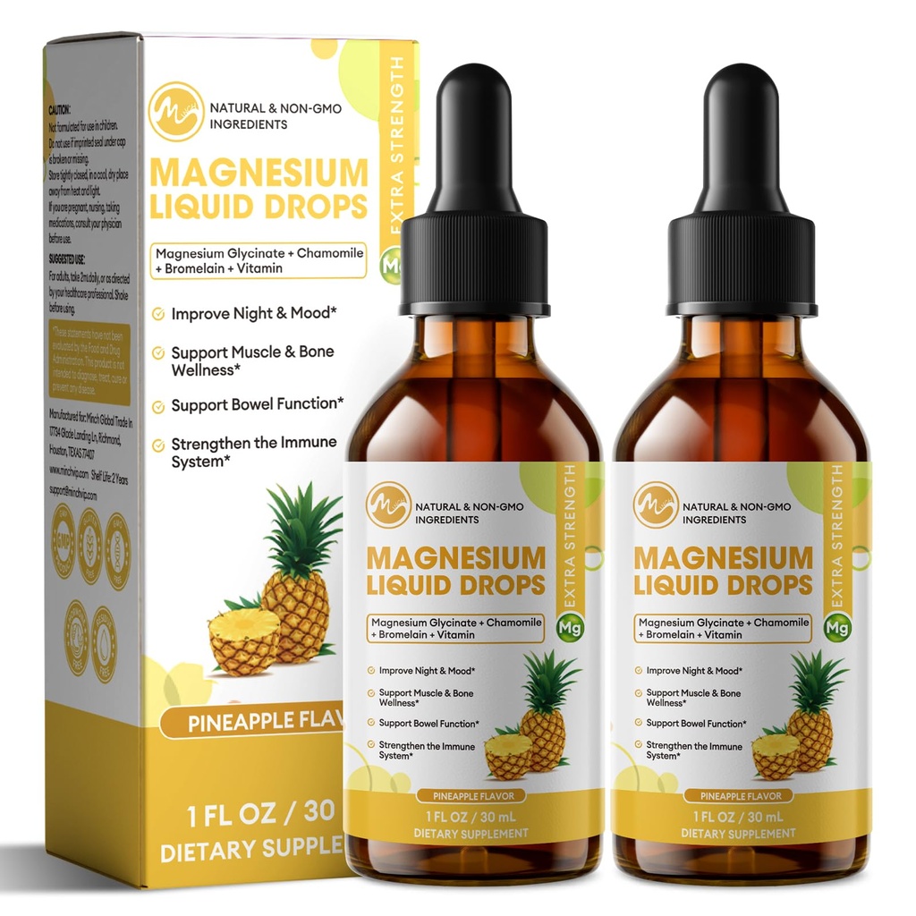 M inch Magnesium Glycinate Liquid, Hoge Absorptie Magnesium Liquid Drops met Cellulose Fiber, Bromelaine, Vitamine B6, C, D, Zink, Magnesium Supplement voor kinderen en volwassenen, Ananas smaak, 2 Pack