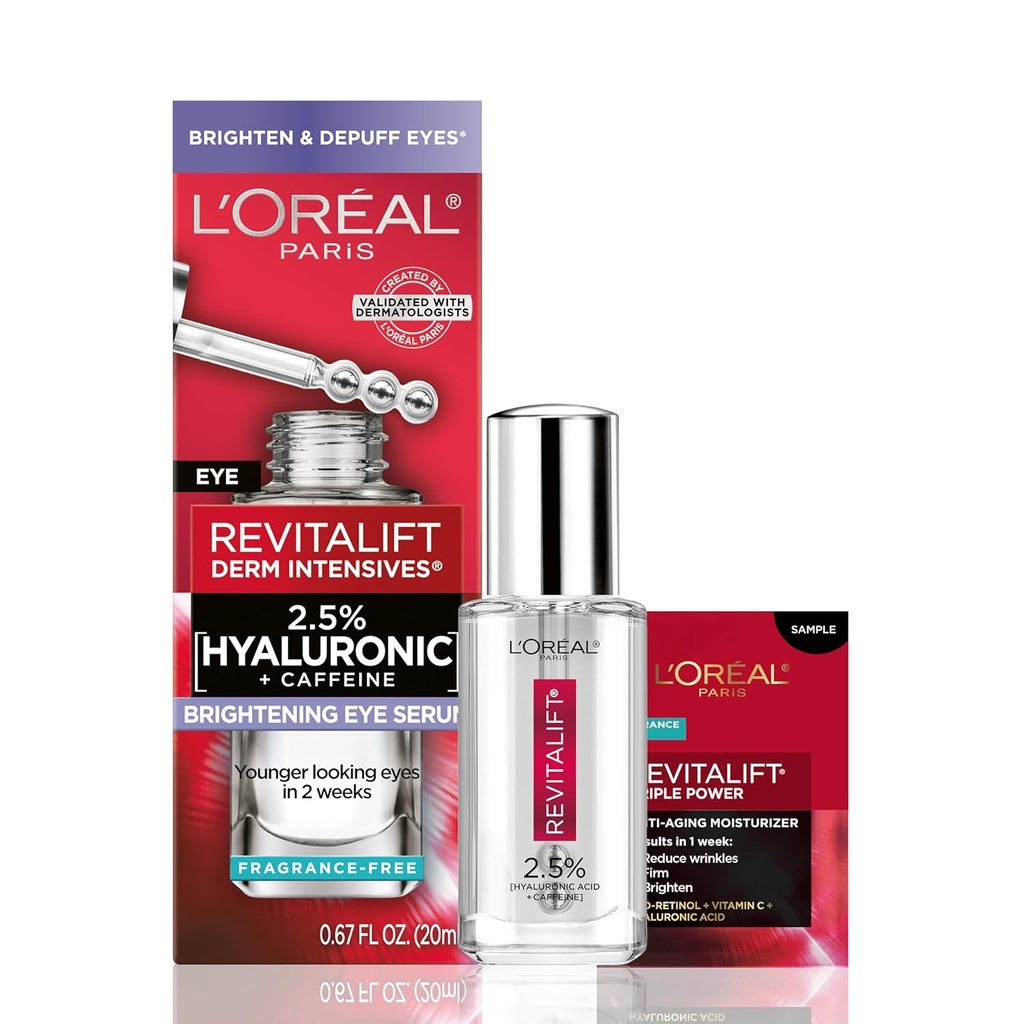 L'Oreal Paris Revitalift Hyaluronzuur + Cafeïne Hydrating Eye Serum voor donkere kringen, Fragrance Free .67 fl. oz + Moisturizer Sample