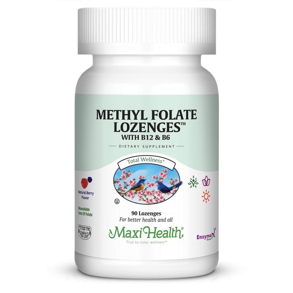 Maxi Health Methyl Folate Lozenges met B12 & B6, Flavored Memory, Cardiovasculaire Health Hormone & Immune Support Gluten Free, Kosher Berry, 90 Tel.