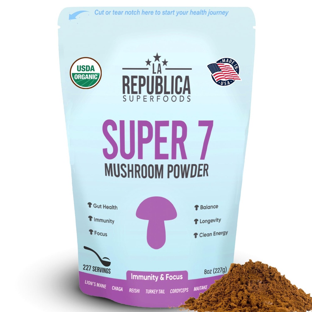 La Republica Superfood Super 7 Paddestoel Extract Poeder, Inclusief Lion's Mane, Reishi, Chaga, Cordyceps, Shiitake, Maitake en Turkije staart (8 oz)