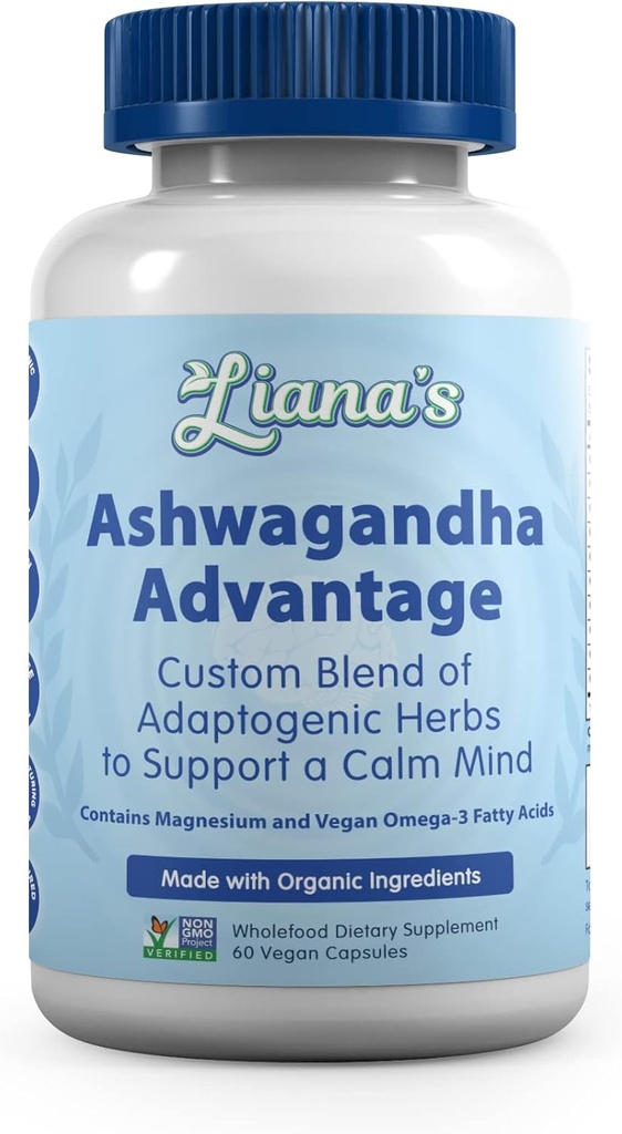 Ashwagandha Voordeel, USDA Organic Blend for Stress Relief, Mood & Adrenal Support. Gemaakt met Ashwagandha, Kurkuma, Spirulina en Meer- 60 capsules Pure Non-GMO Vegan Supplement