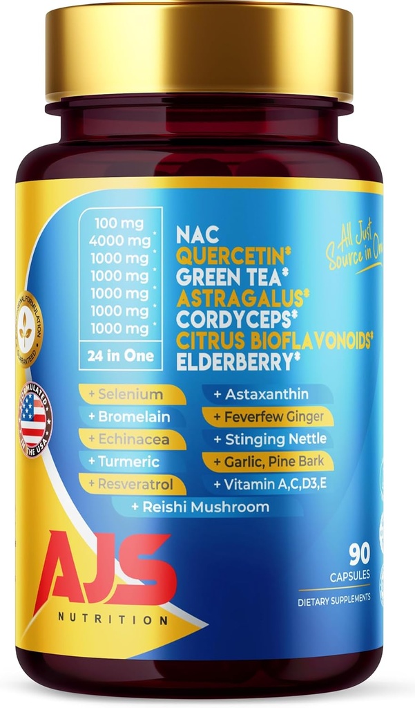AJS Quercetin 4000mg met Nac Green Tea Cordycepscitrus Vlierbes Selenium Bromelain Echinacea Turmeric Resveratrol Astaxanthine Feverfow Ginger Reishi Mushroom 90 Caps 20 in 1