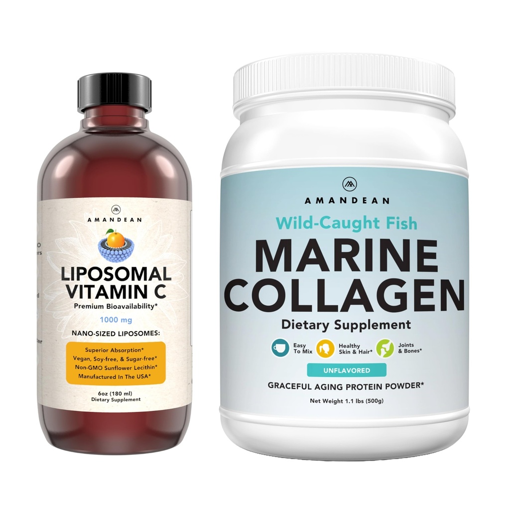 Marine Collageen Poeder + Vitamine C - Perfecte huid van binnen Combo. Wild-Caught Cod Vis Peptiden, Liposomal VIT C Liquid 1000mg. Boost Productie en Synthesis voor gezonde veroudering, schoonheid, Wellness.