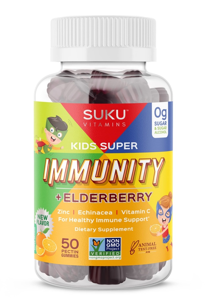 SUKU Vitaminen - Kinderen Super Immuniteit - Vlierbes, Echinacea, Vitamine A en Zink Gummy's voor Immune Ondersteuning - Gemakkelijk te kauwen - Niet GGO, Gluten Suiker Vrij - Granaatappel Lime Gummy Vitaminen, 50 Tel.