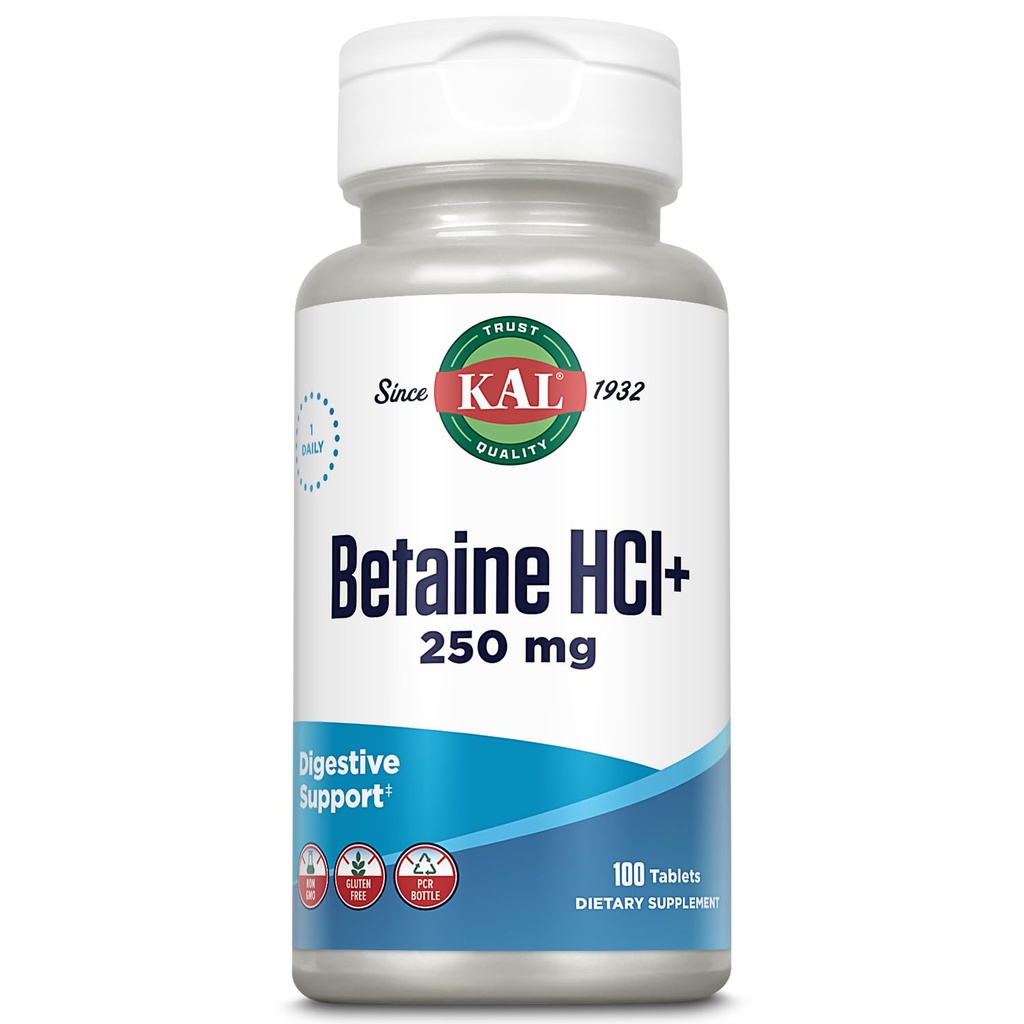 KAL Betaine HCL met Pepsine, Digestief Health Supplement met 250 mg Betaine Hydrochloroide Plus 130 mg Pepsine, Glutenvrij, Niet-GMO, 60 dagen garantie, Snelle Disintegratie Tablets, 100 porties, 100ct