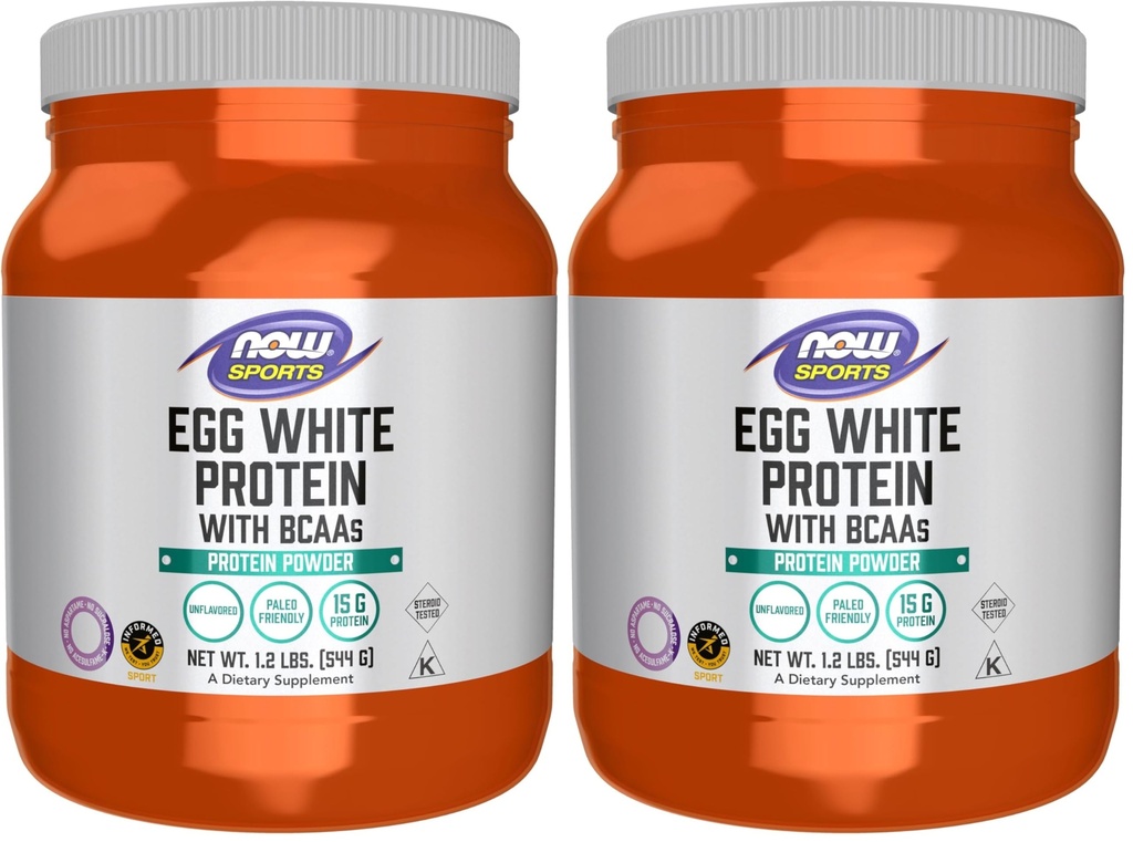 NOW Sportvoeding, Egg White Protein, 16 g met BCAA's, Unflavored Powder, 1,2-pond (verpakking van 2)