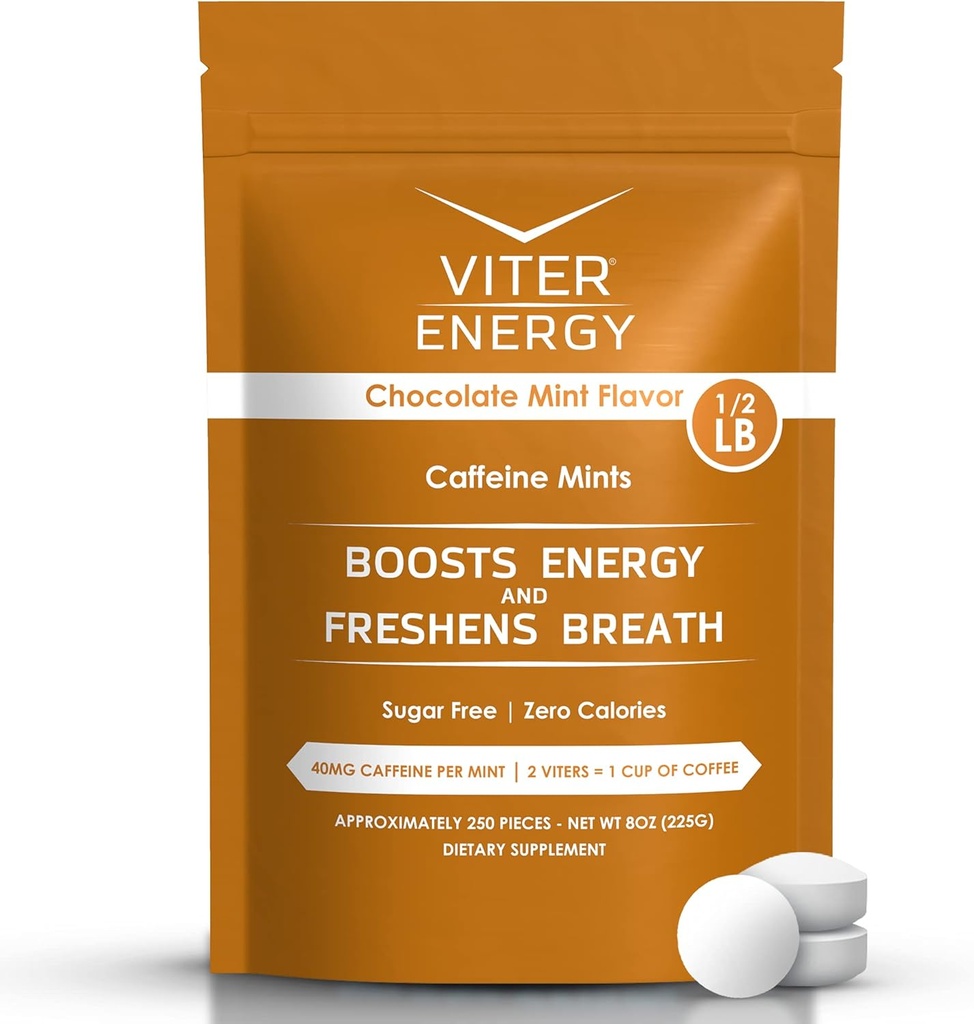 Viter Energy 40mg Cafeïnemuntjes - Suikervrij, B Vitaminen, Veganist, Boosts Fast Energized Alert Focus, Cafeïnated Nootropic Supplement Pillen (Chocolate Mint smaak, 8oz, Bulk Bag)