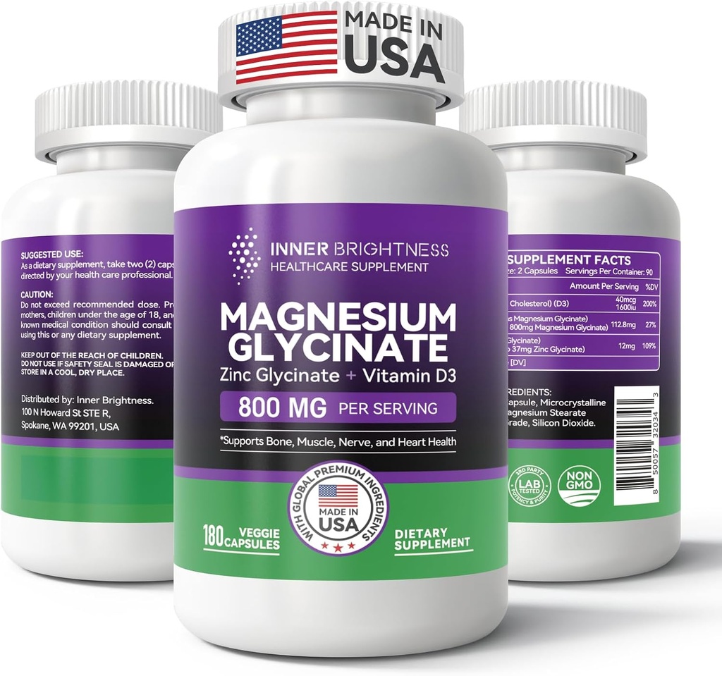 Magnesium Glycinate - Magnesium Supplement with Zinc & Vitamin D3 for Sleep, Immune, Bone & Muscle Support and Heart Health - Non-GMO, Gluten-Free, Gentle on Stomach - 180 Vegetarian Capsules