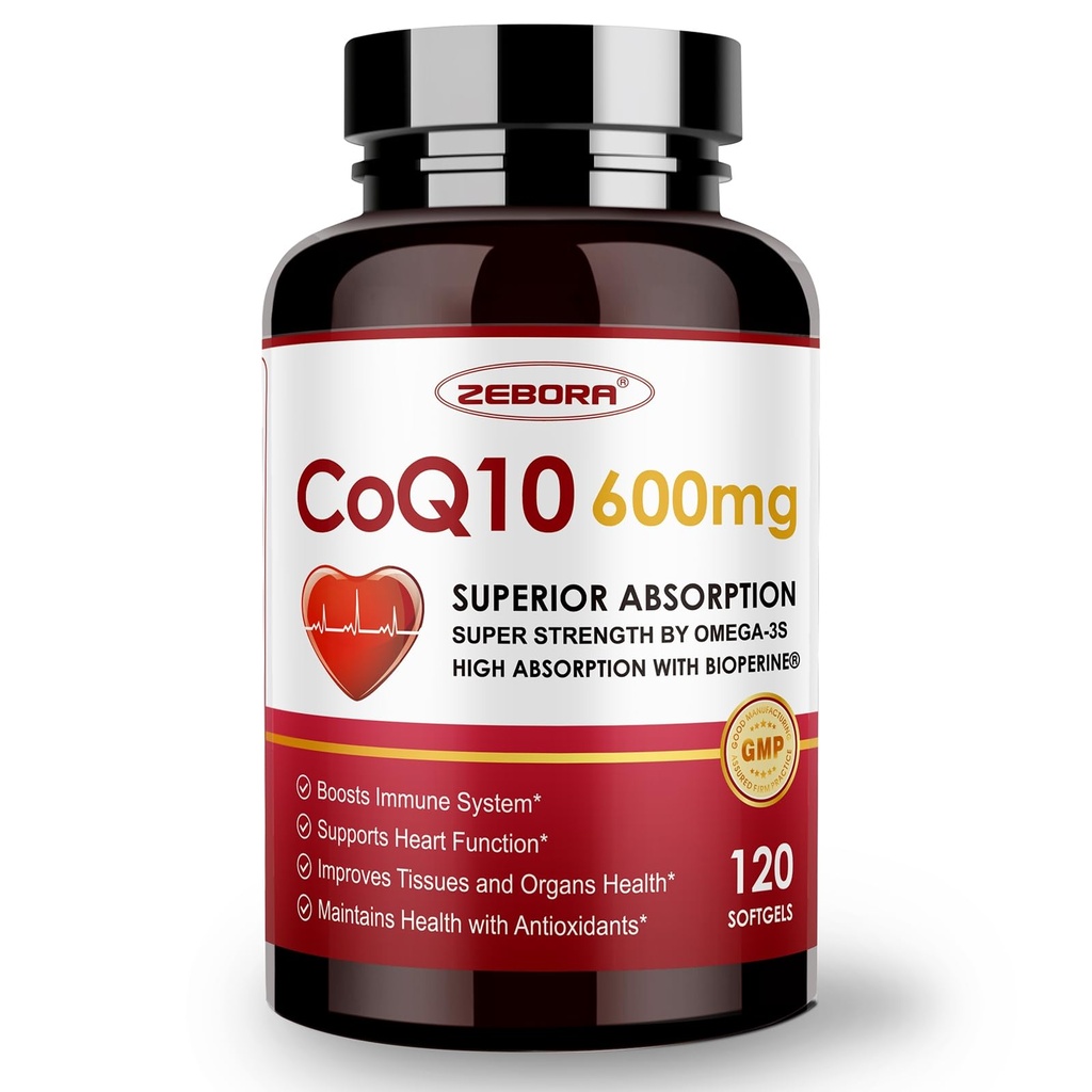 ZEBORA CoQ10-600mg-Softgels - Extra sterkte Co-enzym Q10 met PQQ, Omega-3 & BioPerine - Hoge Absorptie CoQ10 Supplementen Antioxidant (ubichinon) voor Hartgezondheid & energieproductie, 120 Softgels