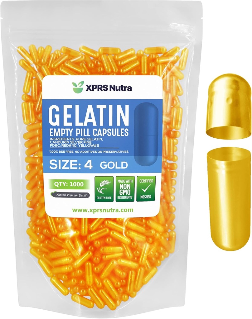 XPRS Nutra Maat 4 Lege Capsules - 1000 Tel kleine lege Gelatine Capsules - Pillen DIY Capsule vullen - Vulbare Pure Bovine Pill Gel Caps voor Do-It-Yourself Supplementen (Goud)