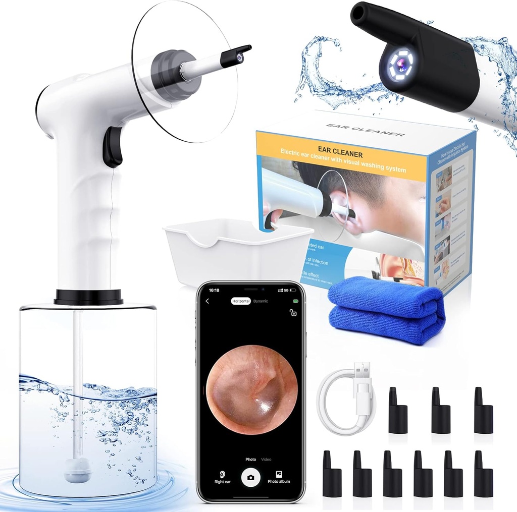 Oorwas Verwijdering, Oorreiniging Kit, Water aangedreven oorreiniger met 3 drukmodi 12 Vervanging Tips, Oorirrigatie Flushing System, Veilig en effectief oor Wax Removal Tool (zwart)