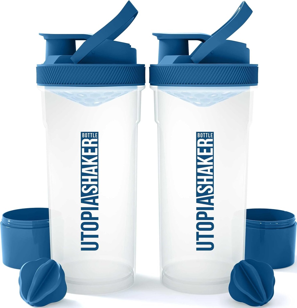 Utopia Home Shaker Bottle 2 Pack - 24 Ounce Plastic Protein of Cocktail Shaker Bottle for Pre & Post workout with Twist & Lock Protein Box Storage (Clear/Navy)