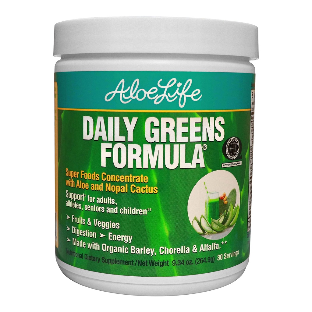 Aloe Life - Daily Greens Powder, QAI-Certified Organic Health Supplement, Antioxidants, 21 Fruits, Veggies, & Herbs Inclusief Aloë & Nopal Cactus, Low-Calorie, Keto-Friendly, Glutenvrije (30 Servers)