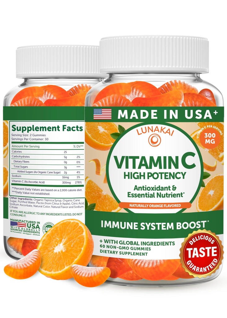 Lunakai USA Made High Potency Vitamin C Gummies for Adults and Kids - 300mg Immune Support - Non-GMO, Vegan, Delicious Orange Flavor, 60ct