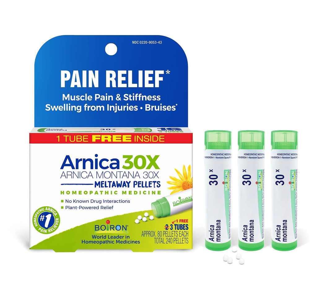 Boiron Arnica Montana 30X Homeopathische Geneeskunde voor verlichting van spierpijn, spierstijfheid, zwelling van letsel, en verkleuring van blauwe plekken - 3 Tel (240 Pellets)