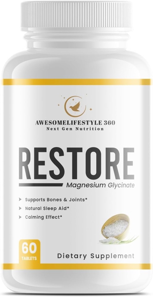 Awesomelifestyle360 Volgende Gen Voeding Restore Magnesium Glycinate natuurlijke slaap vitamine Kalm Het brein, ondersteunt botten en gewrichten, natuurlijke slaaphulp -(60 tabletten)