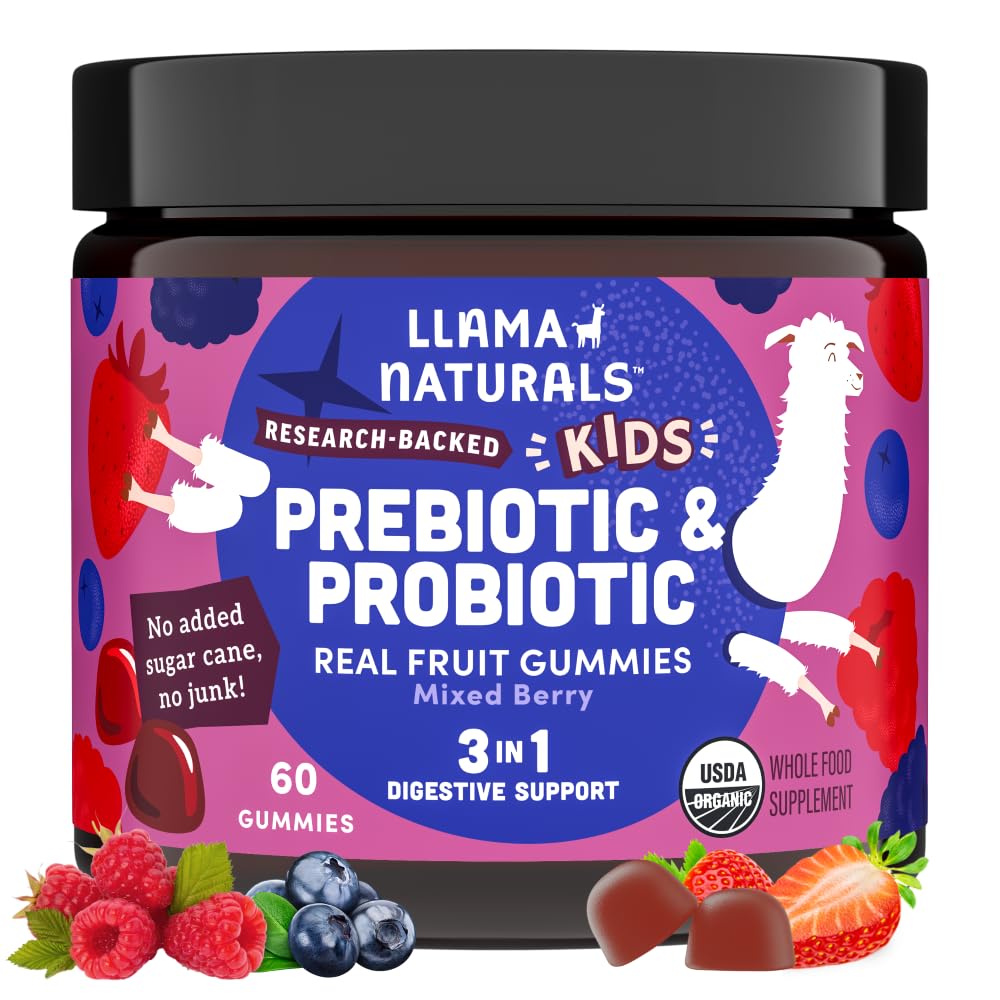 Llama Naturals Kids Probiotic with Prebiotic Fiber, Vegan, Organic Prebiotics and Probiotics Gummies for Gut Health Support, Toddler Real Fruit Gummy Vitamins, No Added Sugar Cane, Mixed Berry, 60 Ct