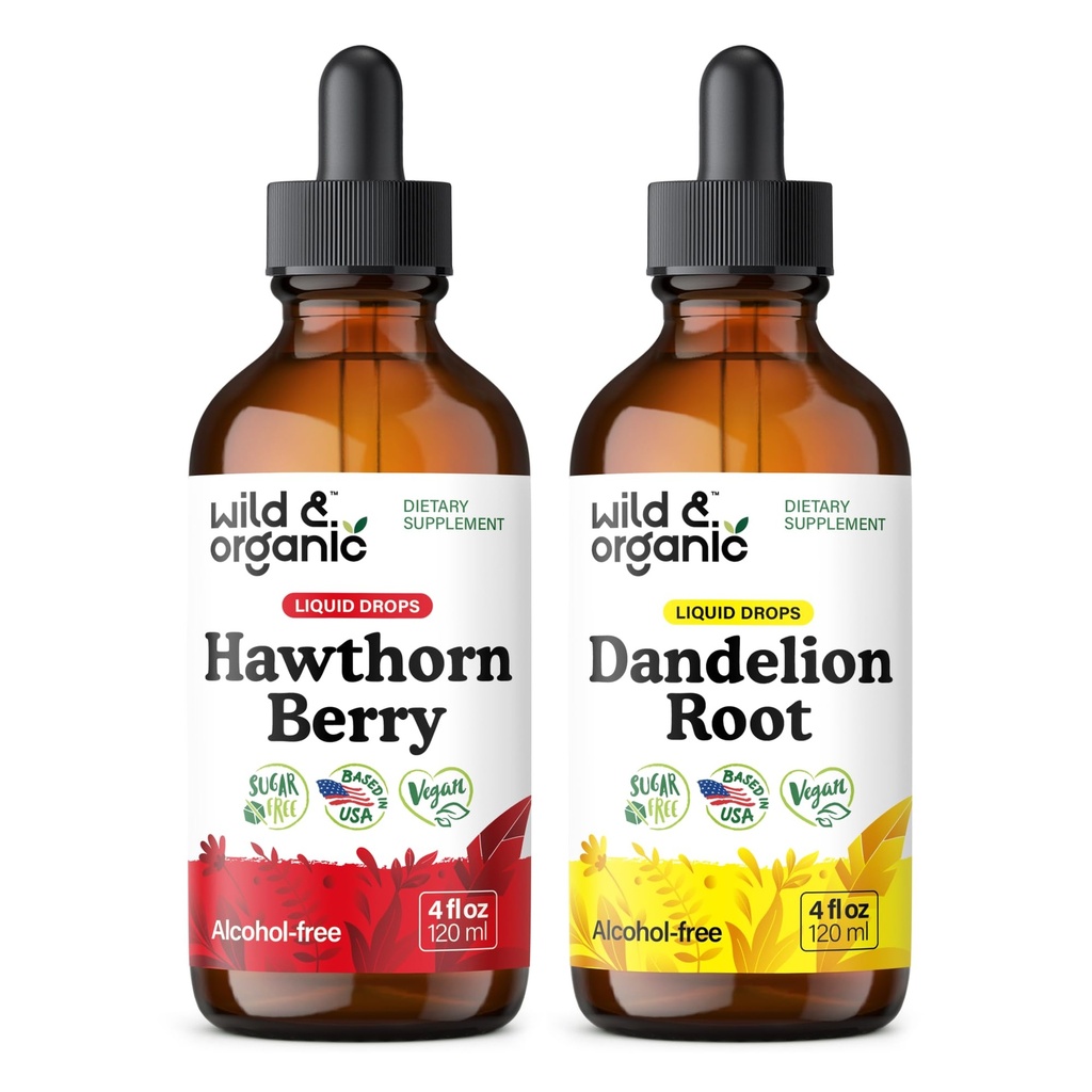 Wild & Organic Hawthorn Berry Tinctuur 4 fl oz & Dandelion Wortel Tinctuur 4 fl oz