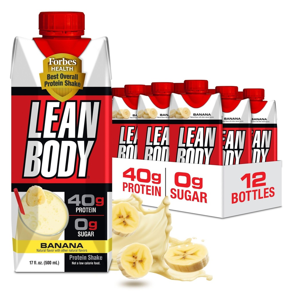 Lean Body Ready-to-Drink Banana Protein Shake, 40g Proteïne, Wei Blend, 0 Suiker, Glutenvrij, 22 Vitaminen en Mineralen, 17 Ounce (Recyclebare Karton & Lid - Verpakking van 12) LABRADA
