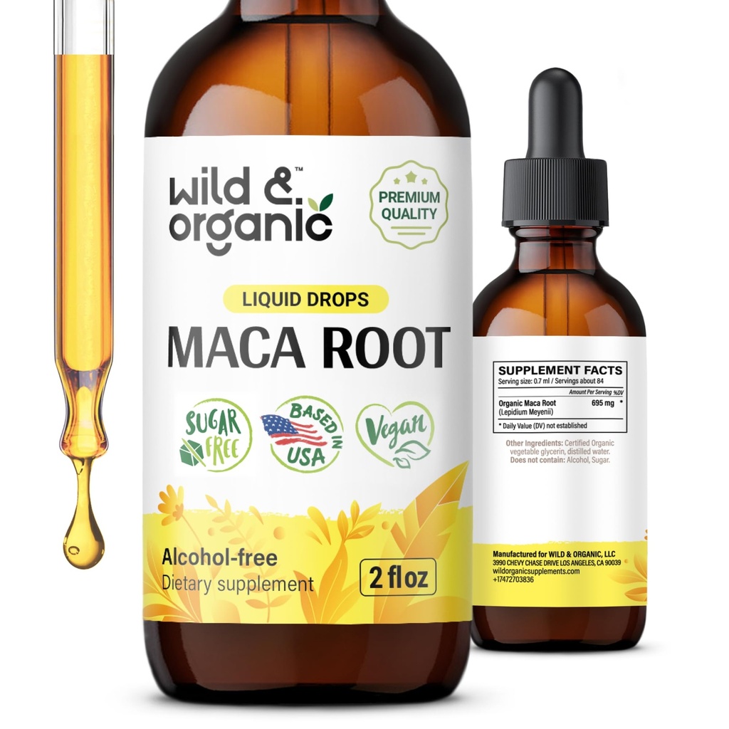 Wild & Organic Maca Root Drops for Women & Men - Mood, Focus, Active Lifestyle - Peruaanse Maca Supplement - Veganistisch, Suiker & Alcoholvrije Tinctuur - 2 fl oz