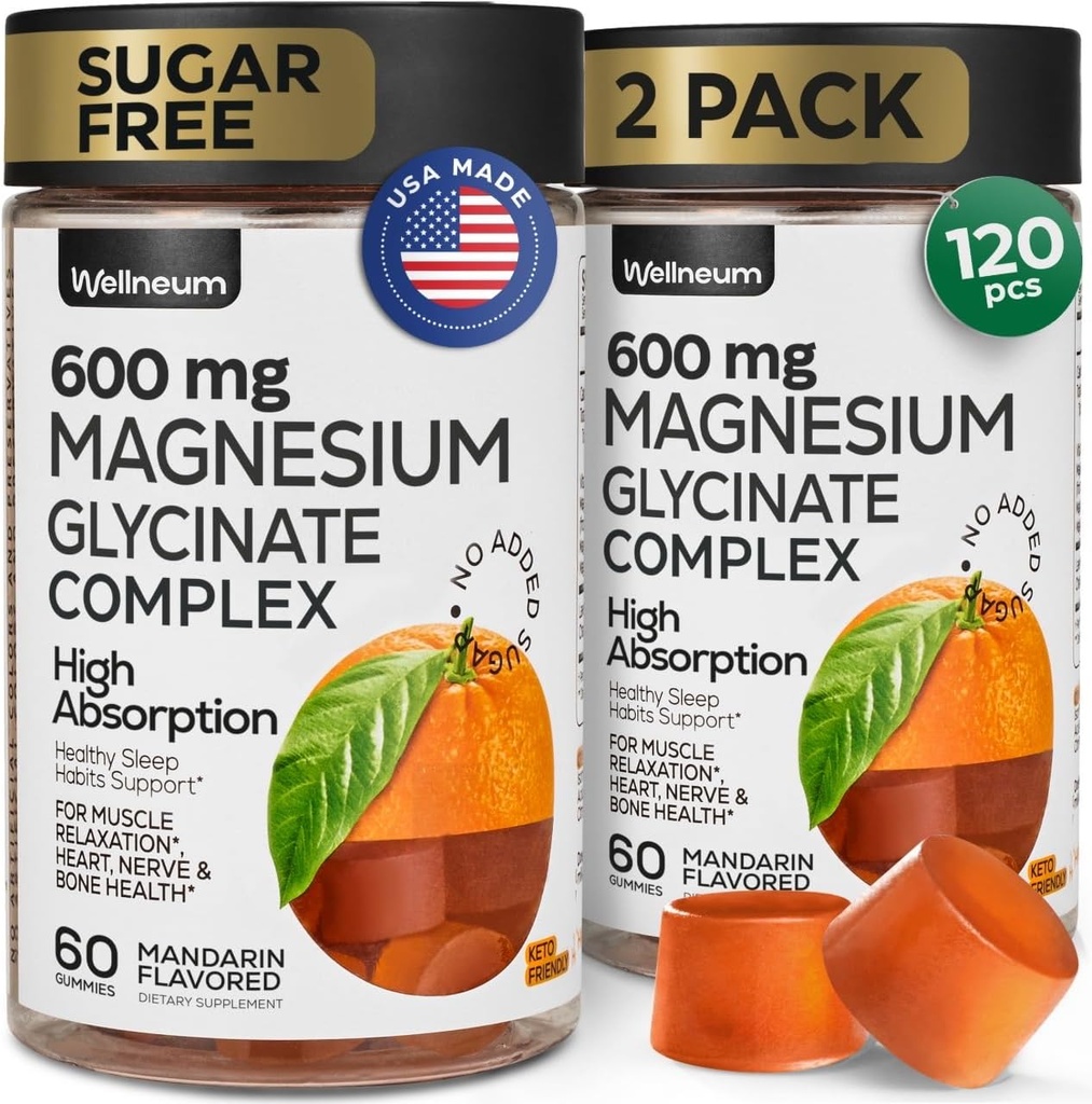 Magnesium Glycinate Gummies 600Mg 2 Pack - Hoge Absorptie, Triple Calm Magnesium Complex - Kauwen voor ontspanning en slaap - Gummy Supplement met Vitamine D - Vegan, Suikervrij, Gut vriendelijk
