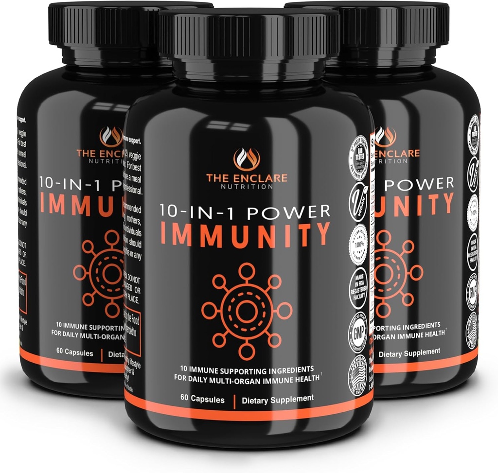 THE ENCLARE NUTRITION Immune Support Vitaminen met vitamine C, Vlierbes, Zink, Echinacea, Kurkuma Curcumine, Knoflook. 10in1 Immunity Defense Supplement Booster voor volwassenen. Veg Capsules 60ct (3)