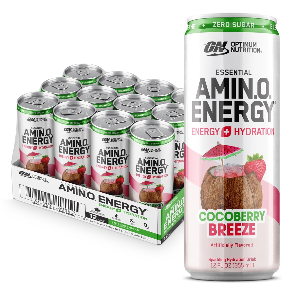 Optimale voeding Amino Energy Sparkling Hydration Drink, Elektrolyten, Cafeïne, Aminozuren, BCAA's, Suikervrij, Cocoberry Breeze, 12 Fl Oz, 12 Pack (Verpakking mei Vary)