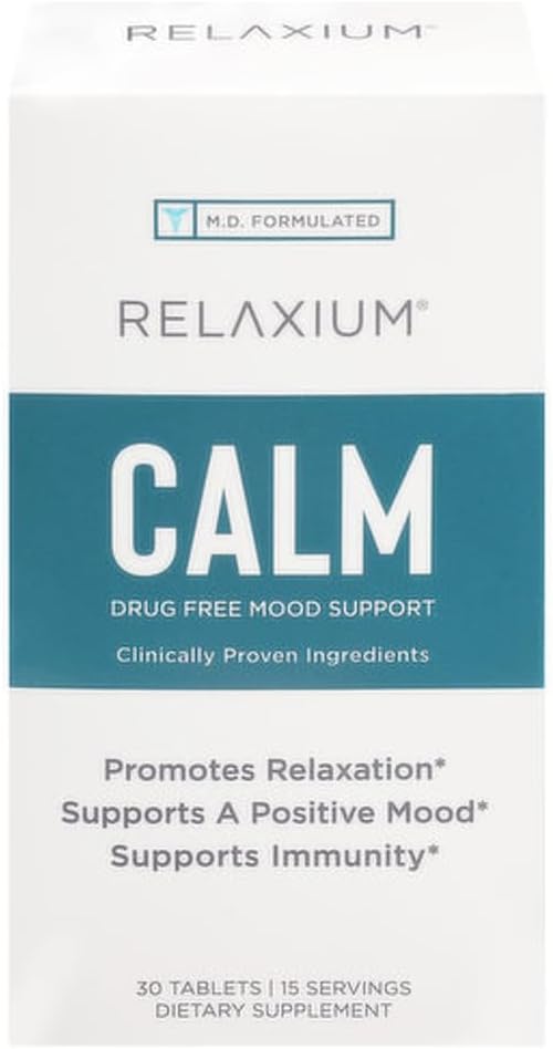 Relaxium Kalm, Non-Habit vormen, Stress en Mood Ondersteuning Supplement, Lifte Mood & Boost Ontspanning met Ashwagandha, 5-HTP, GABA, Passie Bloem, (30 tabletten, 2 weken aanbod)
