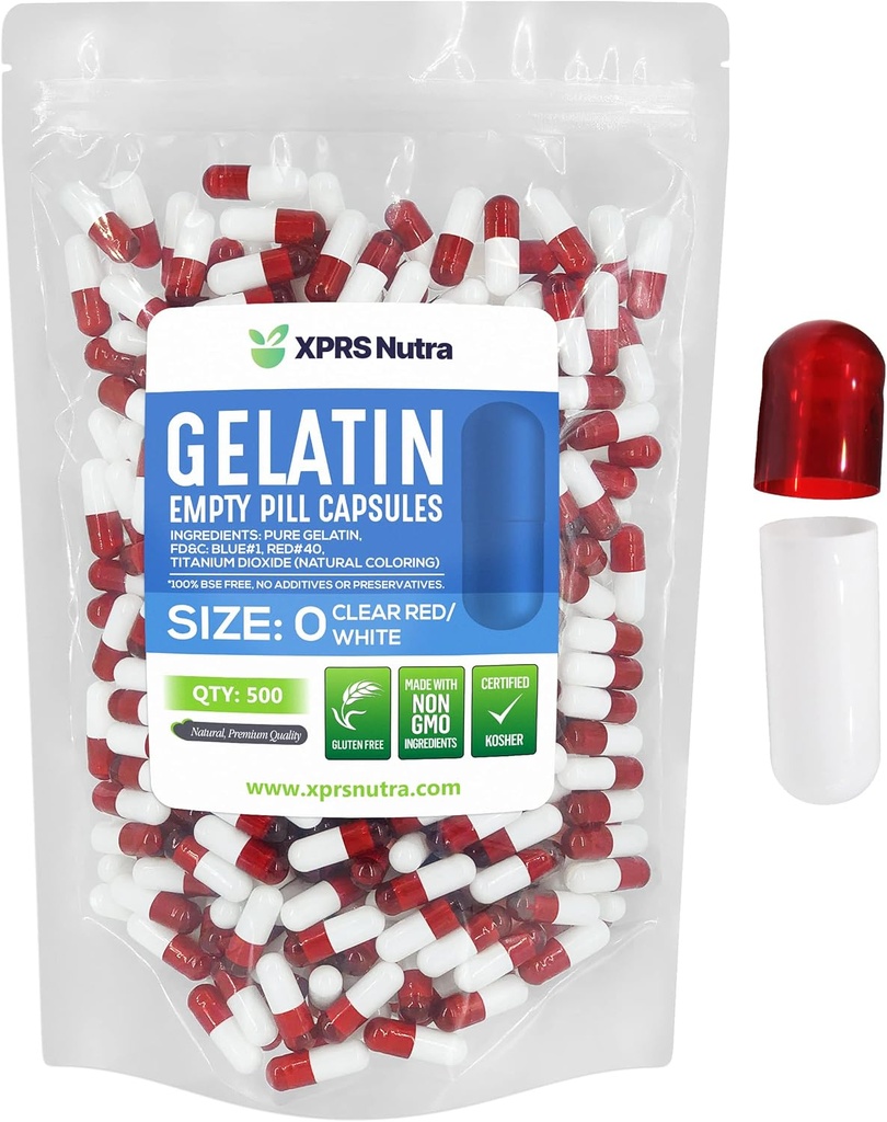 XPRS Nutra Formaat 0 Lege capsules - 500 Telle Lege Gelatine Capsules - DIY Capsule Vulling - Pure Bovine Pill Gel Caps for Do-It-Yourself Supplements (Clear Red/White)