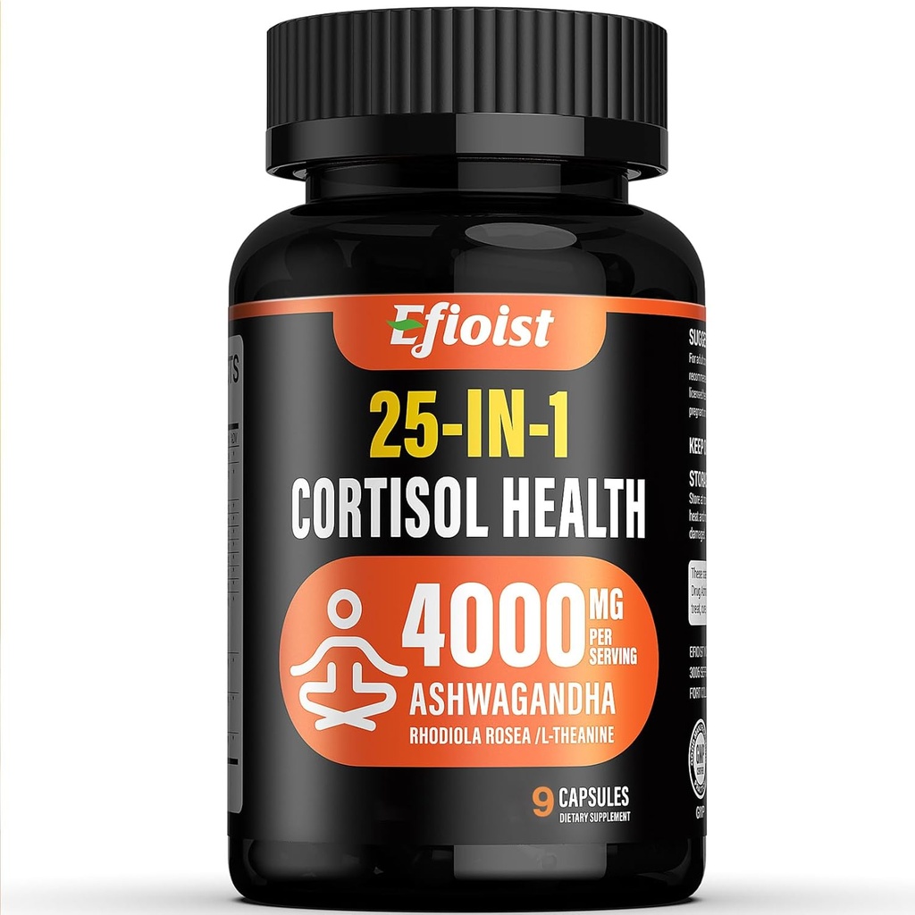 Cortisol Health Supplement, 25-in-1 Cortisol Reducer voor vrouwen en mannen, Cortisol Supplementen voor met Ashwagandha, Rhodiola Rosea, L-Theanine, 9 capsules