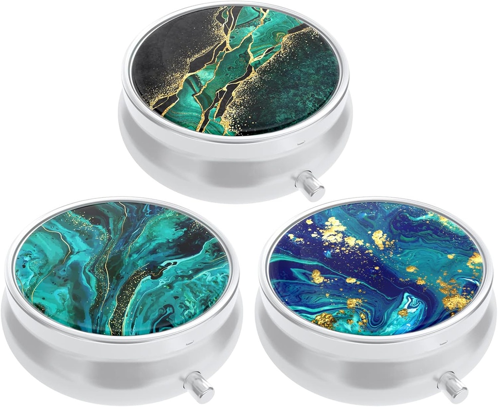 3 Pack Pill Box, Small Pill Case for Purse & Pocket, Cute Medicine Organizer Travel Pillbox, Portable Pill Container Holder to Hold Vitamins, Medication, Fish Oil & Supplements, Teal Ocean Marble