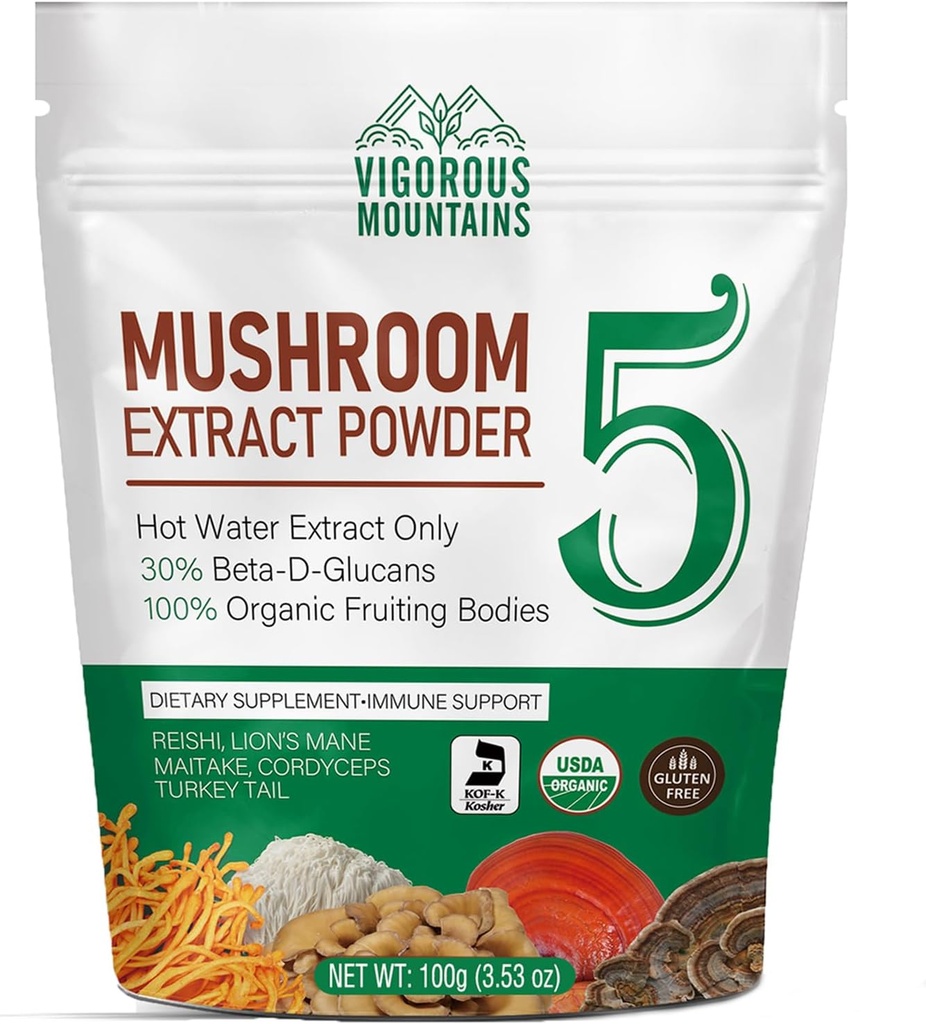 VIGOROUS MOUNTAINS Organic Mushroom Powder Supplement - USDA Certified, Lions Mane & Reishi for Immune Support, Brain Focus, Vegan, Mixes Instantly in Coffee & Smoothies (100g)