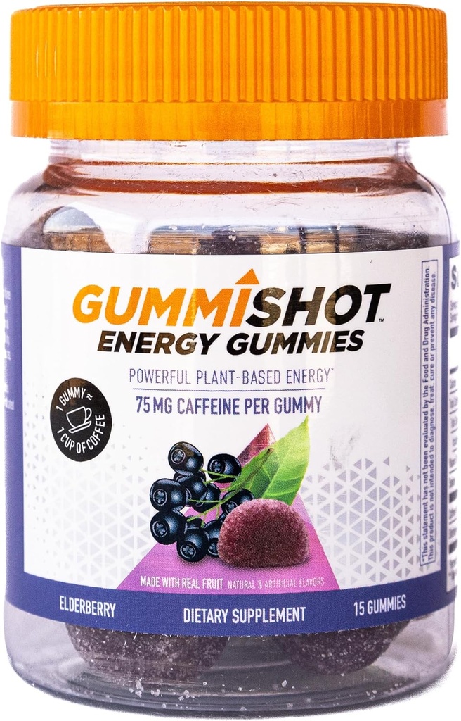GummiShot Energy Gummies, 1125 mg Plant-Based Cafeine Kauwen per fles, Lange Lasting Energy Boosters, Vlierbes (15ct)