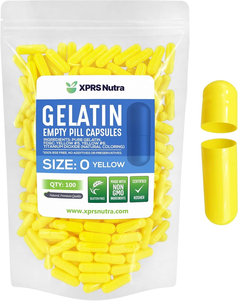 XPRS Nutra Maat 0 Lege Capsules - 100 Telle Lege Gelatine Capsules - Pillen DIY Capsule Vulling - Pure Bovine Pill Gel Caps for Do-It-Yourself Supplements (Gele)