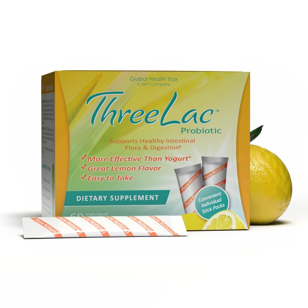 Global Health Trax GHT - ThreeLac Lemon Probiotic Drink Mix for Dispatitive Health - Advanced Probiotic Powder Formula for Men, Women & Kids - Immune Support & Gut Balance, Non-GMO - 60 Packets