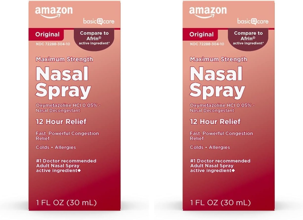 Basic Care maximale sterkte 12 uur Neusspray, Oxymetazoline HCl oplossing, Congestie Relief, Koude en Allergie Geneeskunde, Decongestant, 1 Fl Oz (pakket van 2)