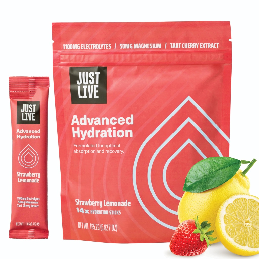 Gewoon Live Geavanceerde Hydration - Aardbei limonade, Electrolyte Drink Mix, Tart Cherry Extract, Ondersteunt Herstel & Absorptie, Lage Suiker, 14 Pack