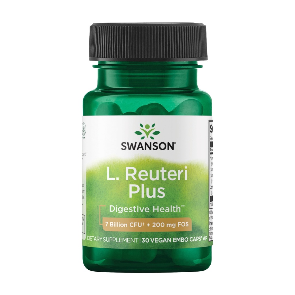 Swanson L. Reuteri Probiotic Plus w/L. Rhamnosus L. Acidophilus & FOS Prebiotic Digestieve Ondersteuning - Bevordert Gut Health w/7 Miljard CFU per capsule - (30 Veggie Capsules)